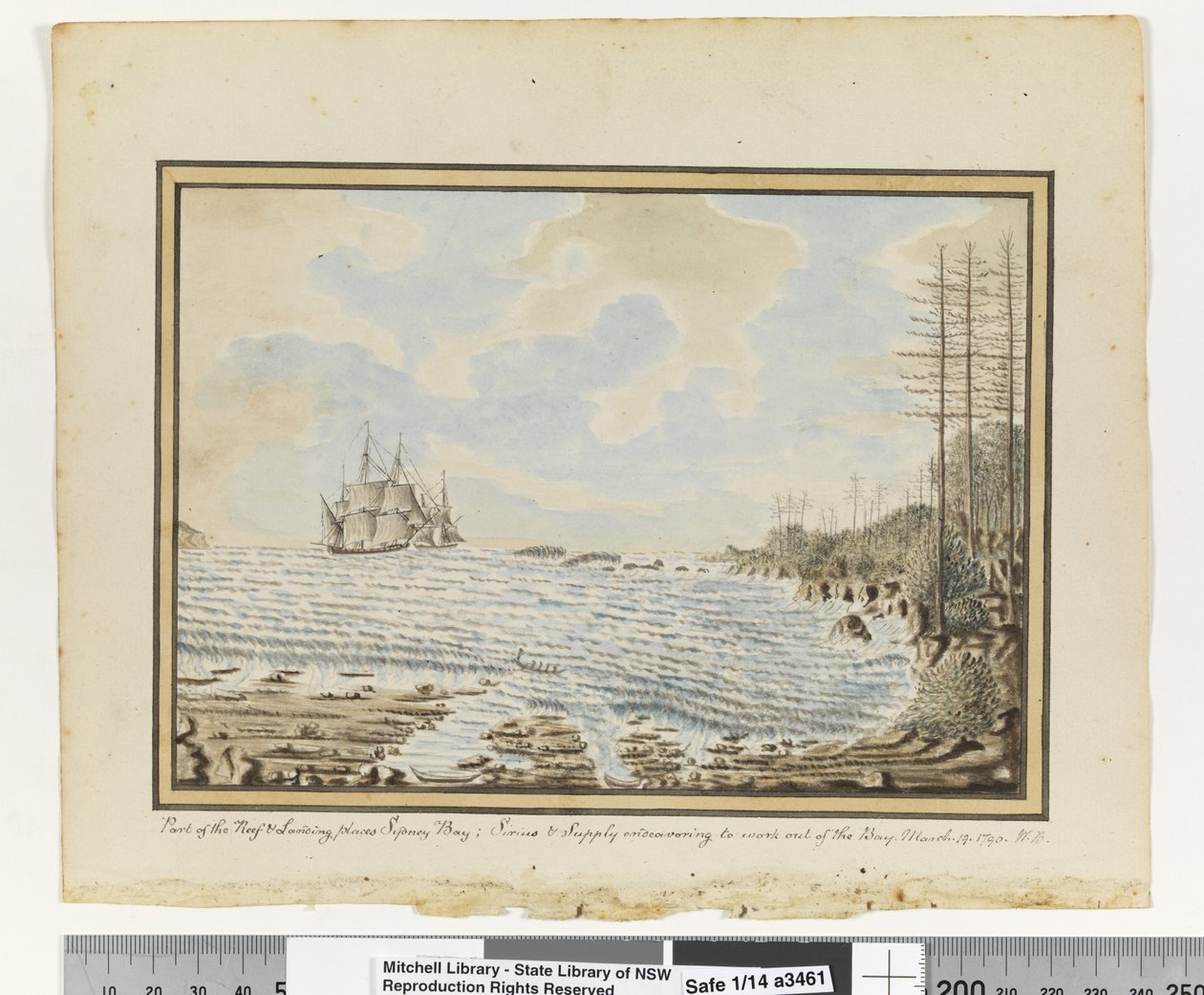 Part of the Reef & Landing places Sydney Bay; Sirius & Supply endeavoring to work out of the Bay, March 19 1790 by William Bradley