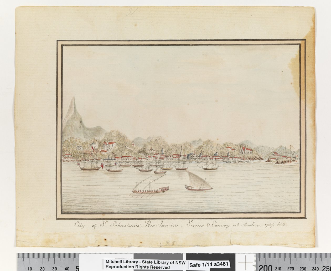 City of St. Sebastians, Rio Janeiro: Sirius & Convoy at Anchor. 1787 by William Bradley