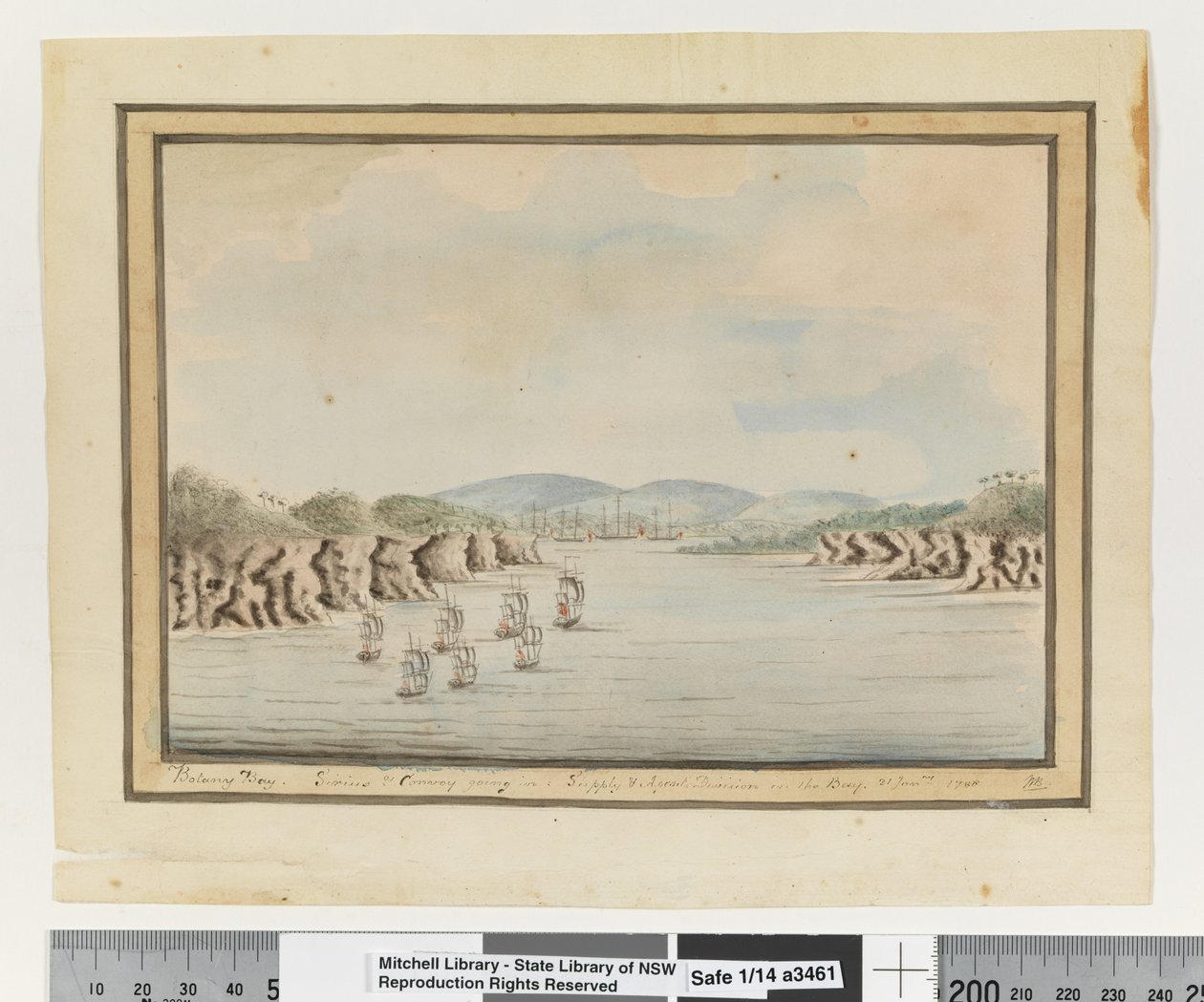 Botany Bay. Sirius & Convoy going in: Supply & Agents Division in the Bay. 21 Janry 1788 by William Bradley