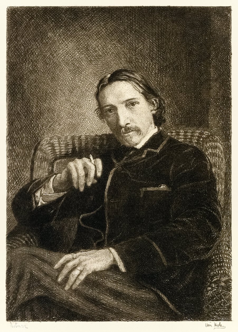 Robert Louis Stevenson (1850-1894) British author best known for his bestselling books Treasure Island, Kidnapped and the Strange Case of Dr Jekyll and Mr Hyde. Illustration by William Brassey Hole by William Brassey Hole