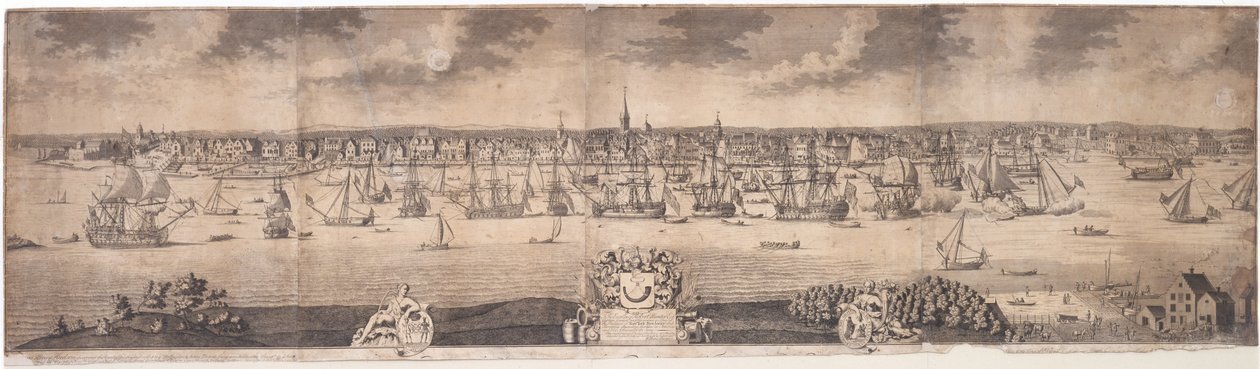 A South Prospect of Ye Flourishing City of New York in the Province of New York in America, engraved by John Harris, 1717-18 by William Burgis