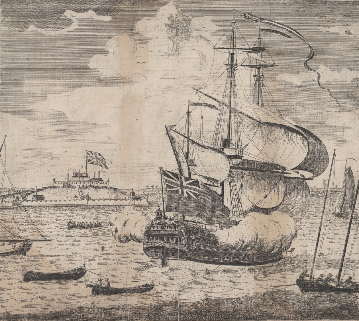 A View of Castle William by Boston in New England, early 18th century by William Burgis.