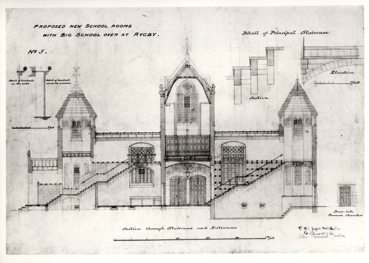 Details of Entrances, Stairs, Furnace Chamber Doorway and Handrails, (New Big School), Rugby School by William Butterfield