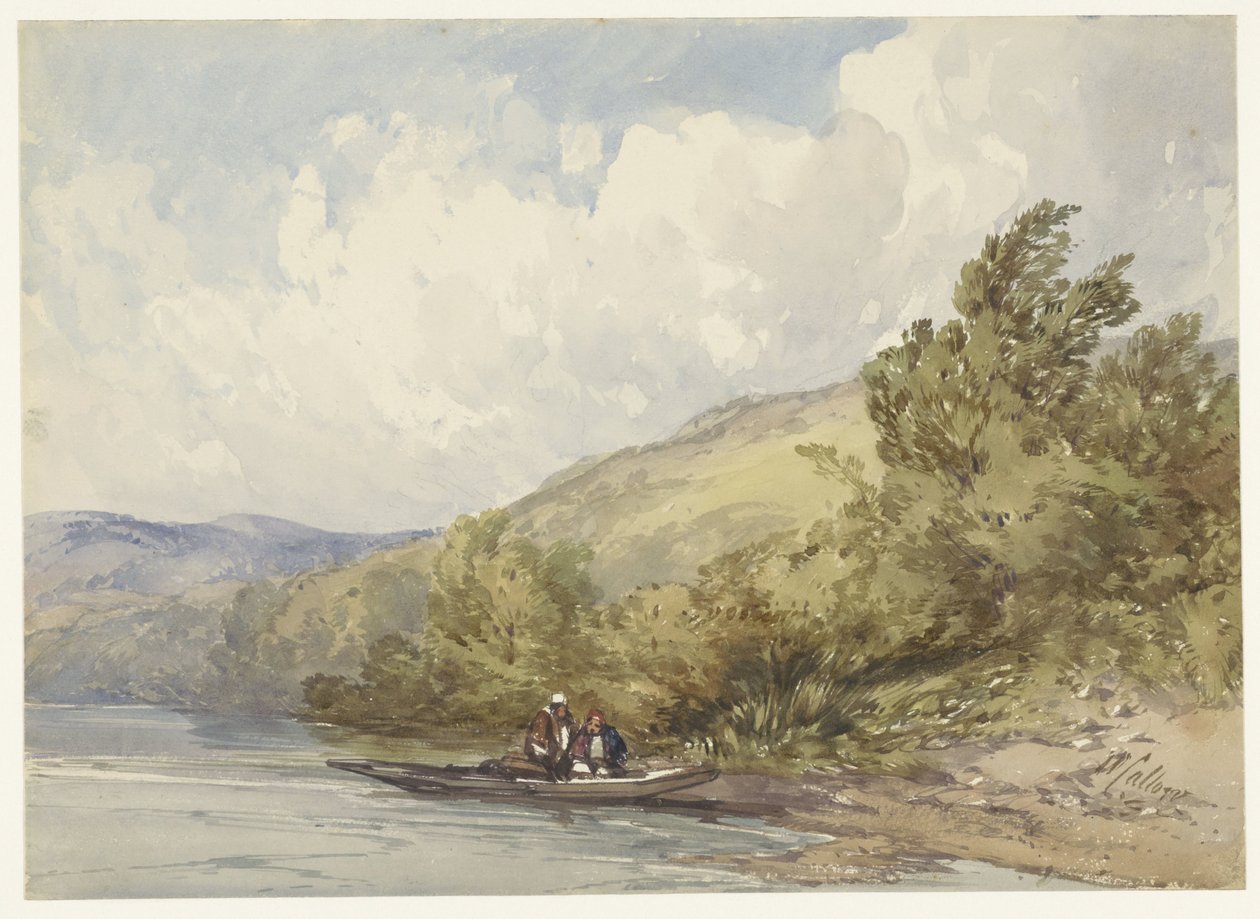 Hilly Landscape with a Lake and a Boat with Two Figures by William Callow