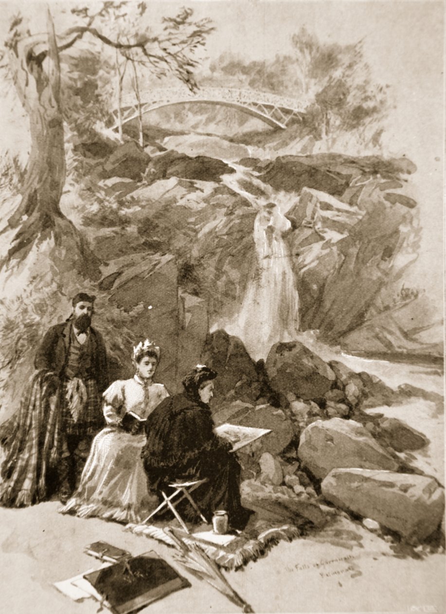 Queen Victoria as an artist: Her Majesty sketching the Falls of Garrawalt, Braemar by William Crimea Simpson