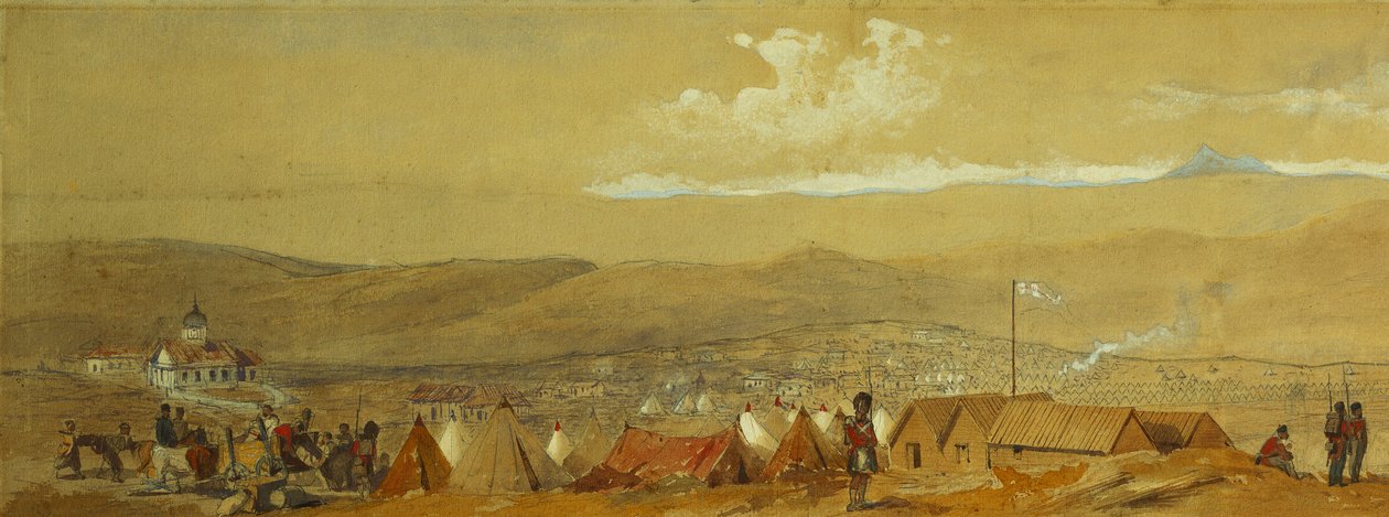 The Crimea: Panoramic View of Sebastopol Showing the Military Encampments and the Harbour; and a Panoramic View of Inkerman Showing a Military Encampment and Cavalry at Dawn by William Crimea Simpson