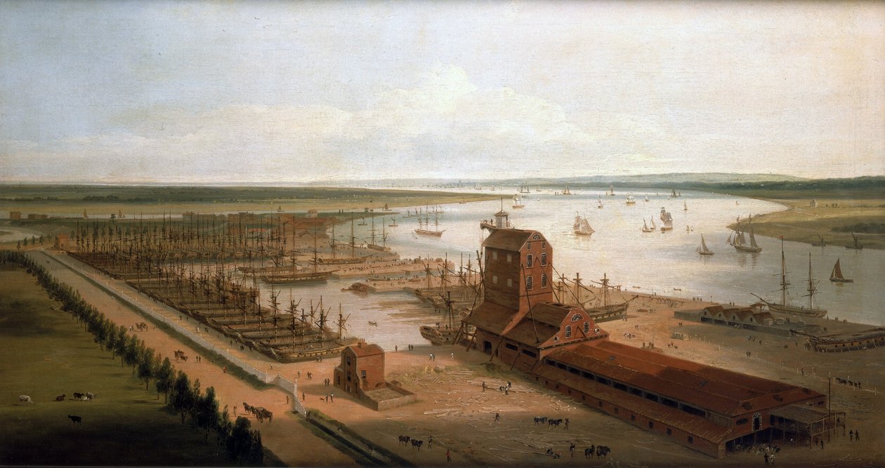 The Perry shipyards on the Brunswick Docks and the Blackwall Building, a mast factory, along the Thames by William Daniell