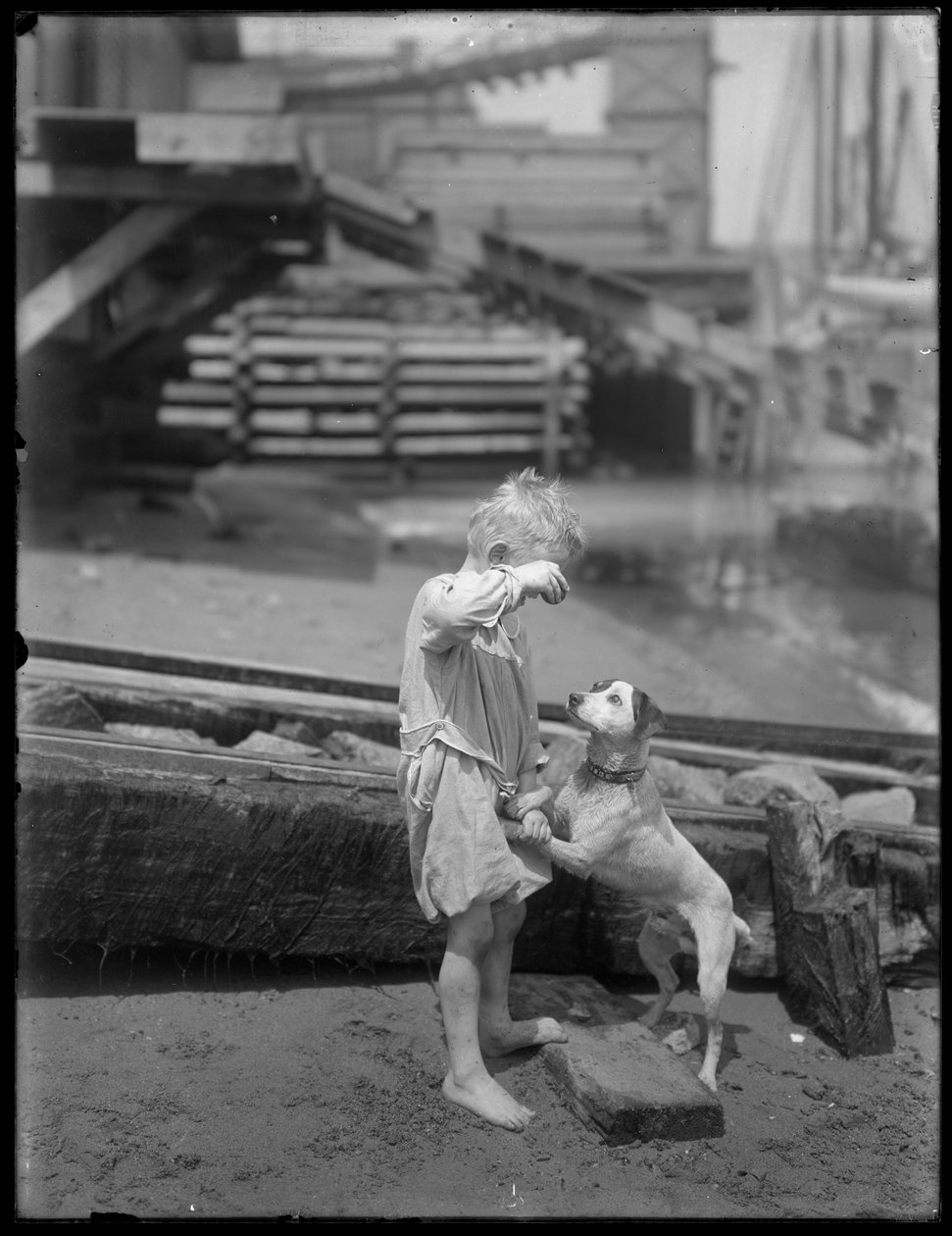 Barefoot boy, possibly William Gray Hassler, plays with dog on the shore of a river or lake, New York, c.1910 by William Davis Hassler