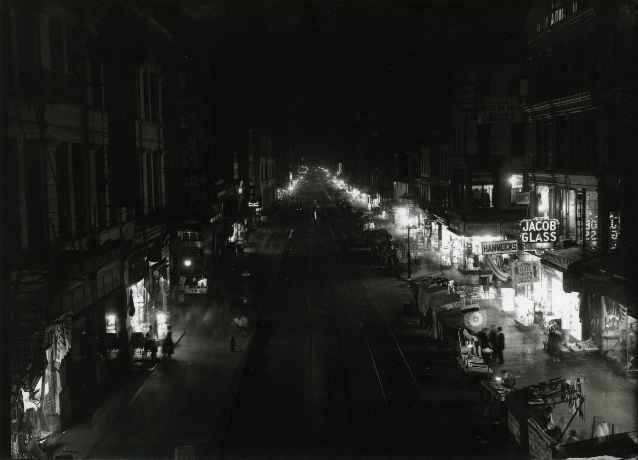 Night View of Grand Street at Orchard Street, NYC, 1917 by William Davis Hassler