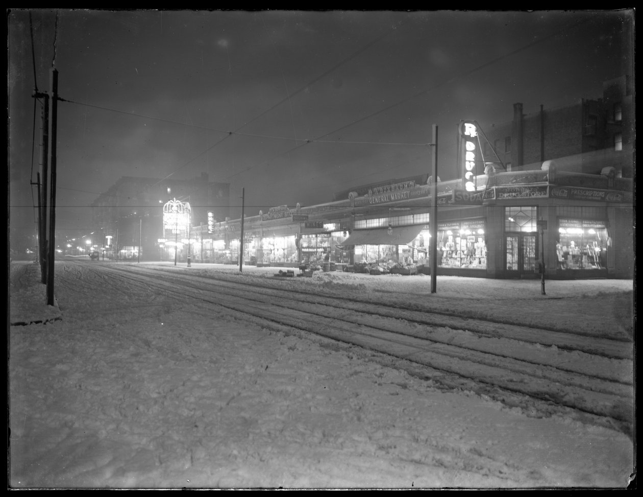 Night View of 207th Street Looking East from Vermilyea Avenue in the Snow, New York City by William Davis Hassler