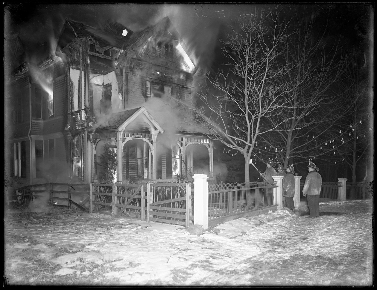 Prescott Cottage fire at night, Inwood Hill, 1914 by William Davis Hassler