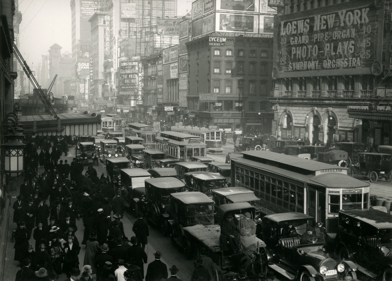 Times Square, crowded with cars, buses and people, c.1917 by William Davis Hassler