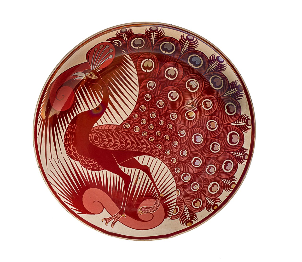 Red Lustre Peacock Plate by William de Morgan