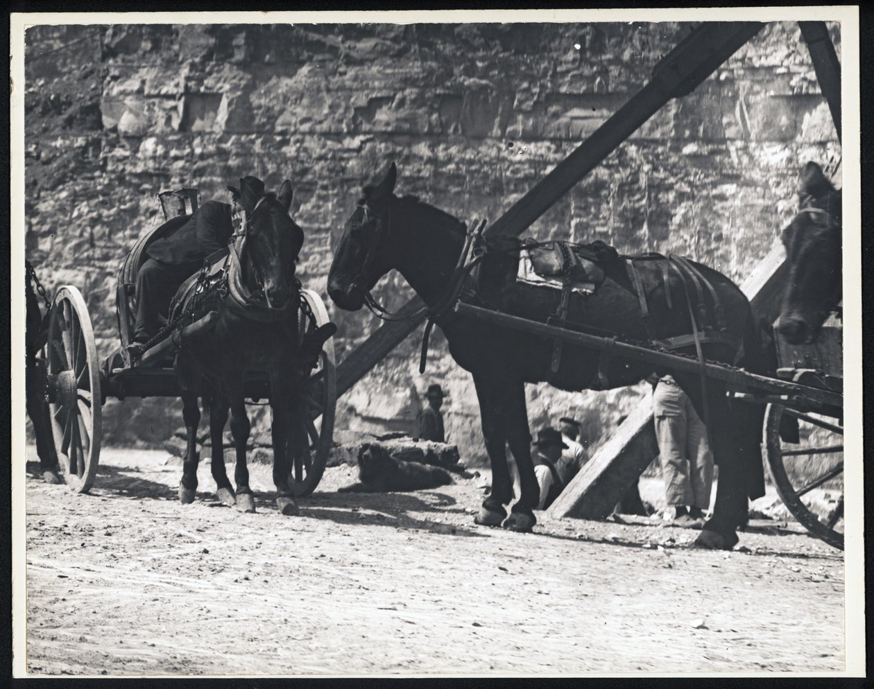 Horizontal, Black and White Photograph of Two Horse-Drawn Wagons at a Quarry by William G. Swekosky