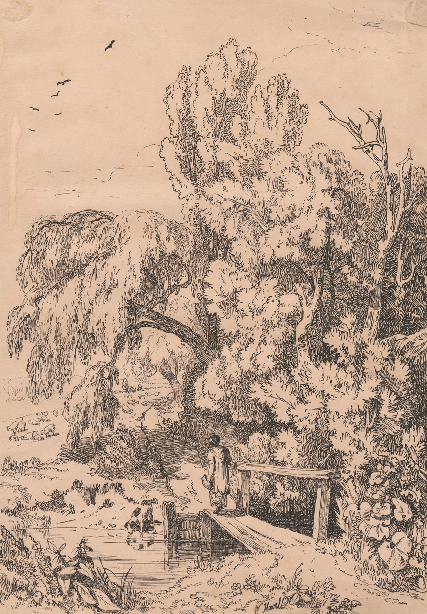 Landscape with Trees, Girl Crossing Footbridge by William Havell