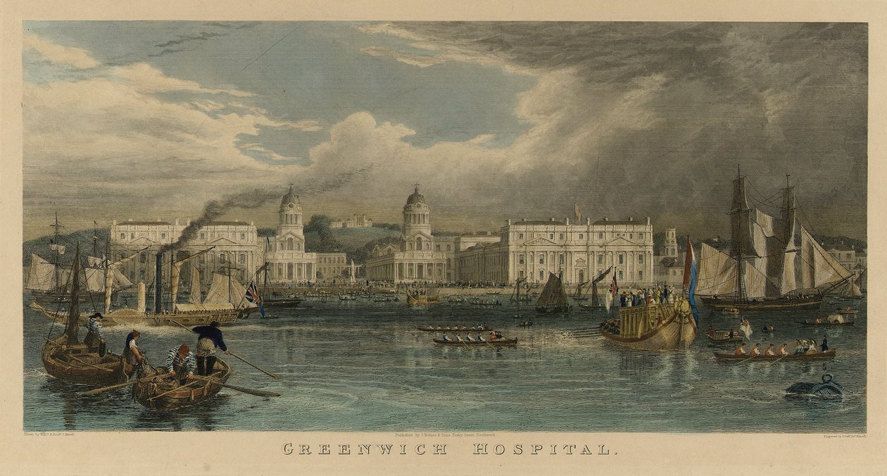 Royal Visit to Greenwich Hospital with a Sailing Ship, a Steamboat, Passenger Barges, Rowboats on the Thames by William Havell