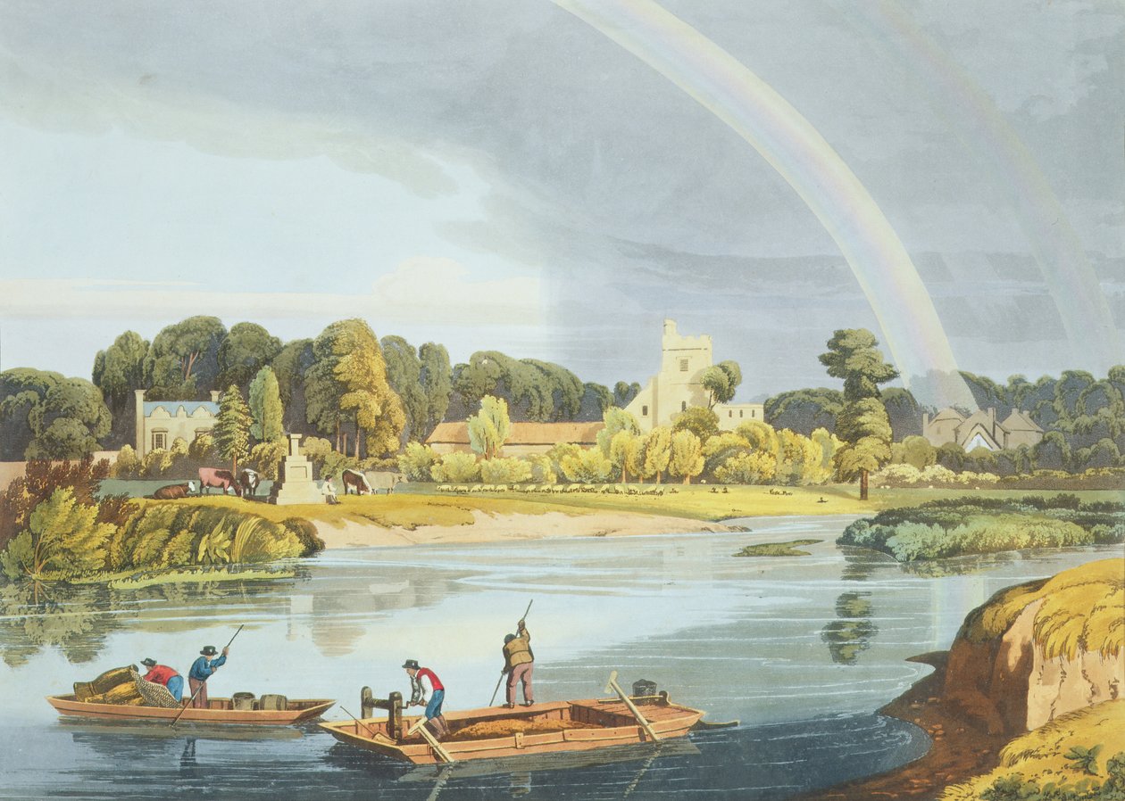 Staines Church with City Stone on Banks of the River, Engraved by Robert Havell the Younger by William Havell