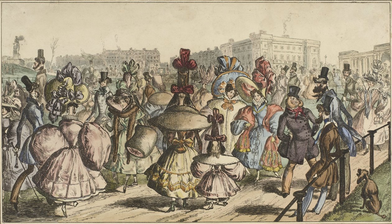 Men and Women in Striking Attire Walking in a Park in a City by William Heath
