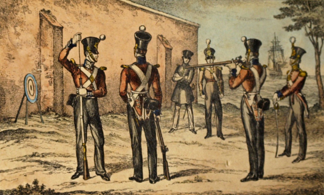 Present costume of the Marines at round target practice, c.1835 by William Heath