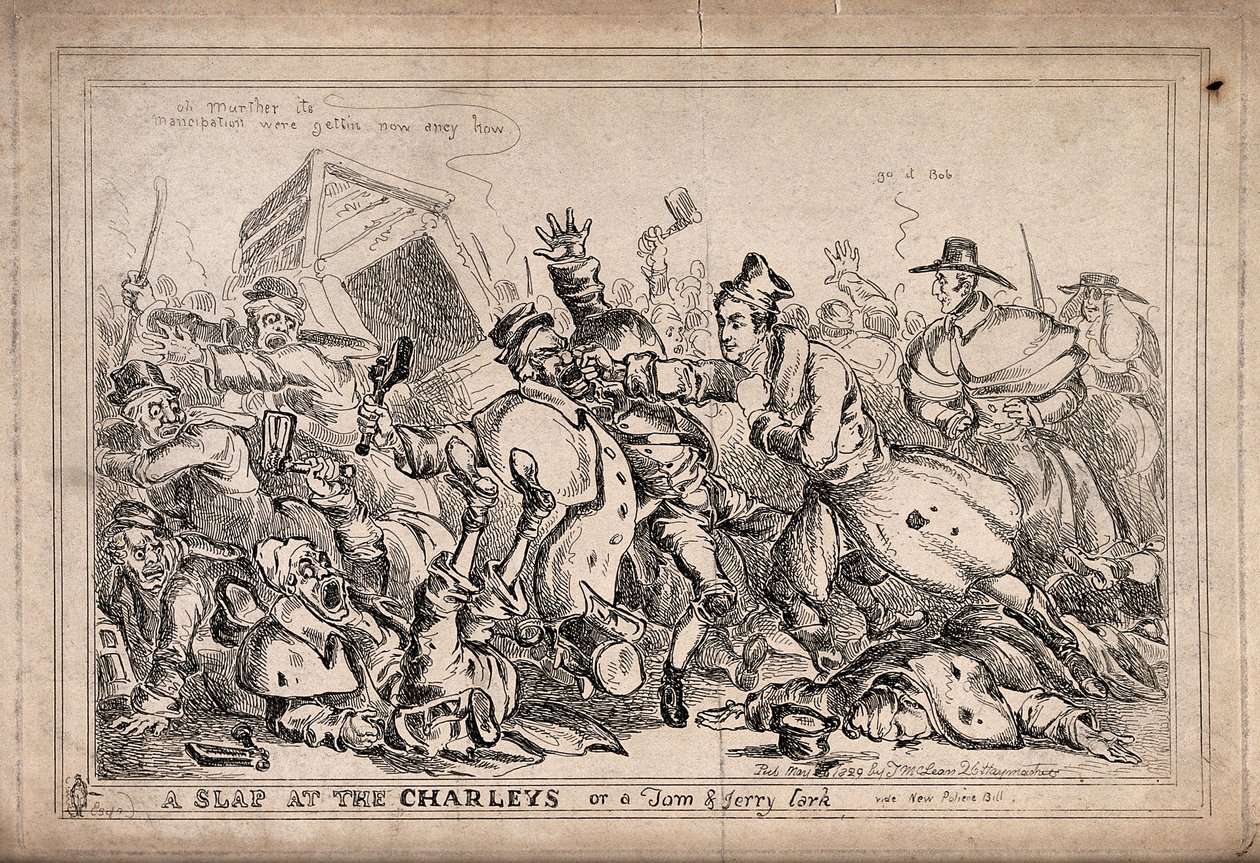 Robert Peel as a Pugilist Attacking Night Watchmen with the Intention of Replacing Them by the Police Force. Etching by Paul Pry (W. Heath). by William Heath