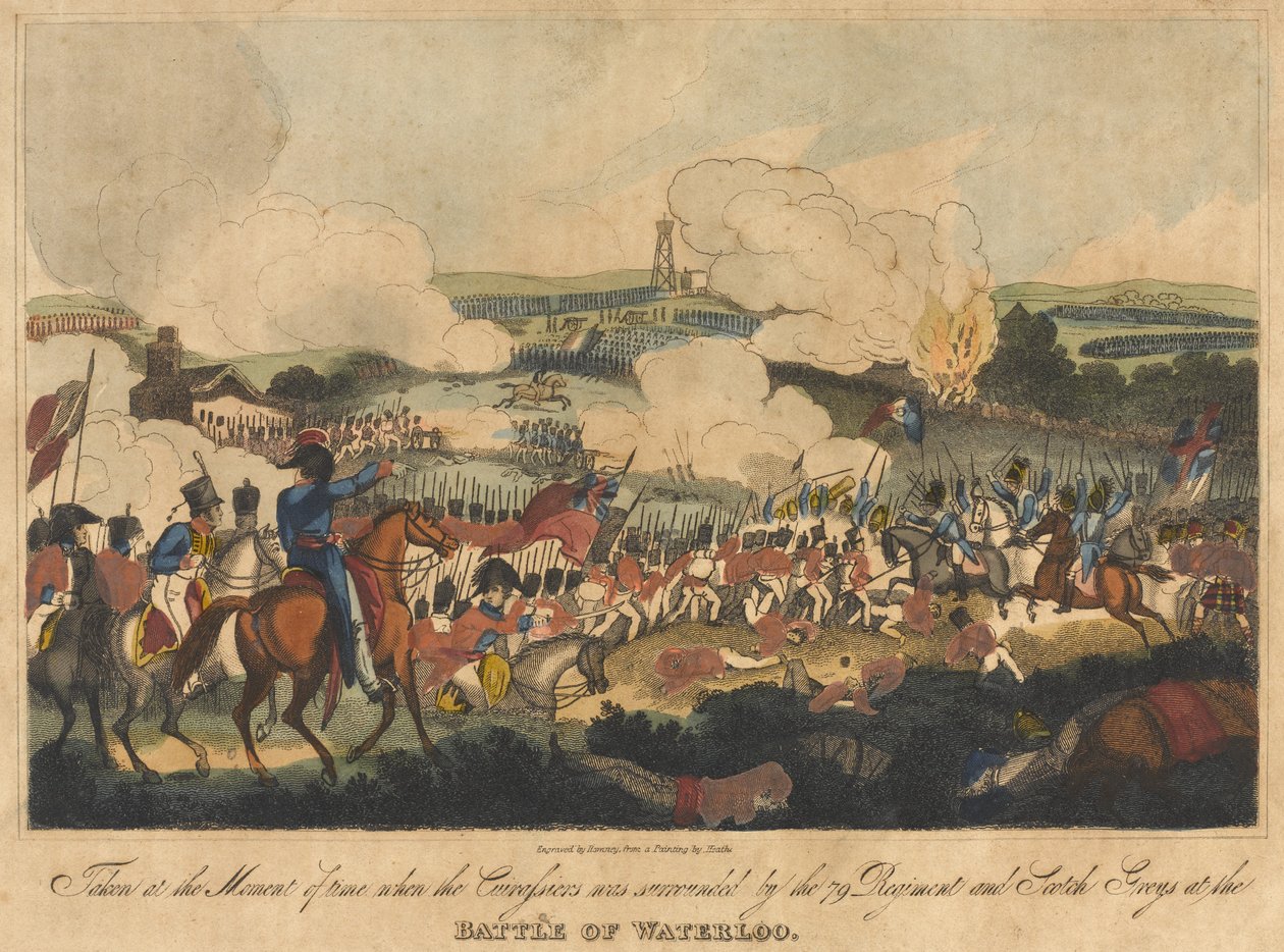Taken at the Moment of time when the Cuirassiers was surrounded by the 79 Regiment and Scotch Greys at the Battle of Waterloo, 18 June 1815, engraved by Romney and published by Richard Evans, 1816 by William Heath