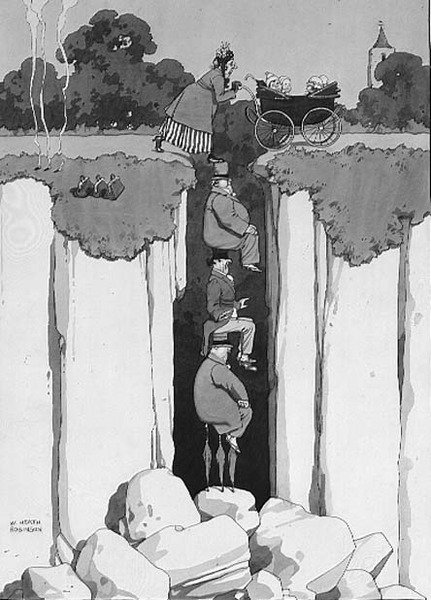 Act of Kindness, Thoughtfulness of Three Gentlemen in Assisting Lady over Chasm by William Heath Robinson