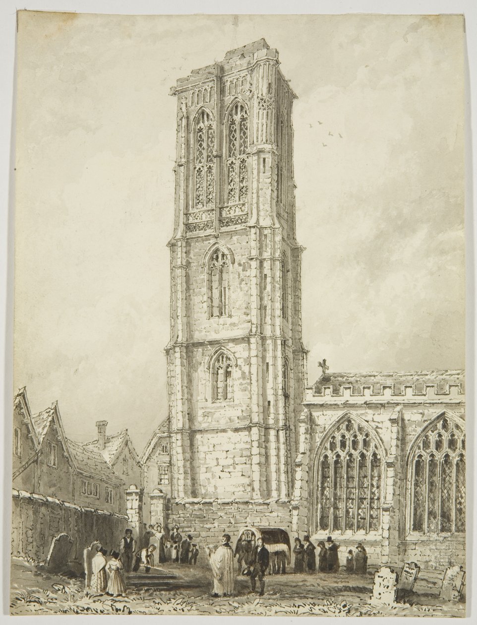Exterior of Temple Church, showing an internment, c.1825 by William Henry Bartlett