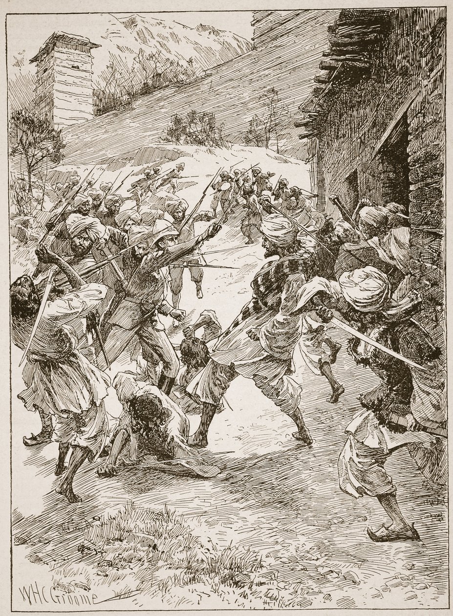 Lieutenant Harley, at the Head of Forty Sikhs and Sixty Kashmiris, Rushed the House over the Mouth of the Mine, illustration from 