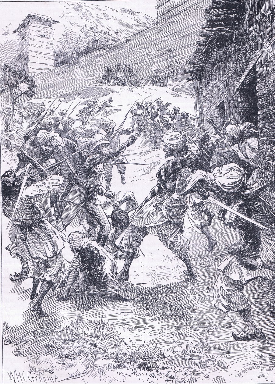 Lieutenant Harley leading the sortie from Fort Chitral, illustration from Cassell