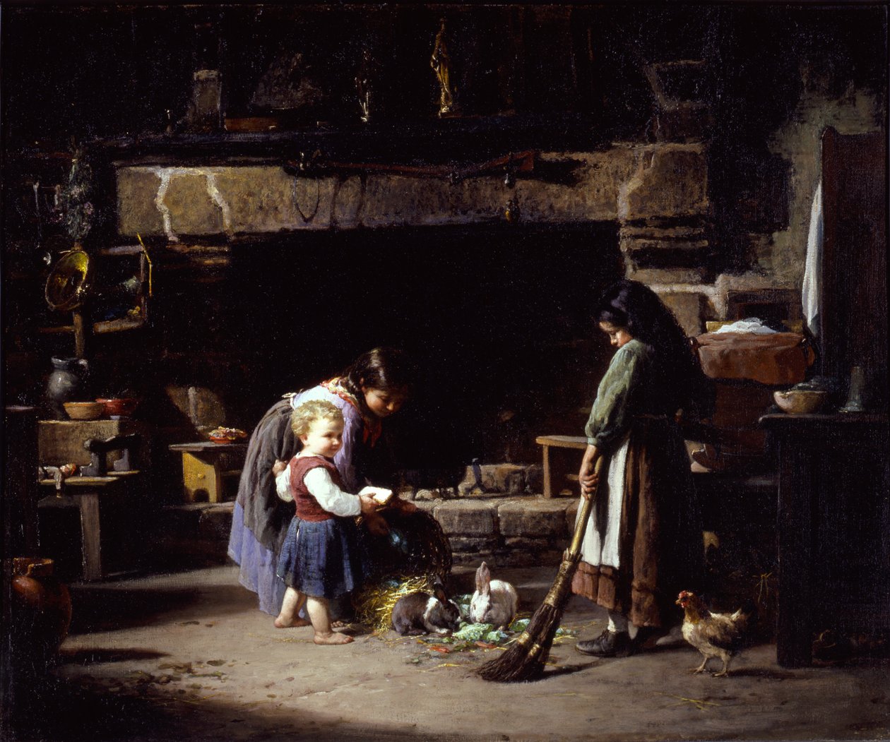 Farm Interior: Breton Children Feeding Rabbits by William Henry Lippincott