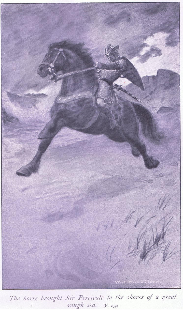 The horse brought Sir Percivale to the shores of a great rough sea by William Henry Margetson