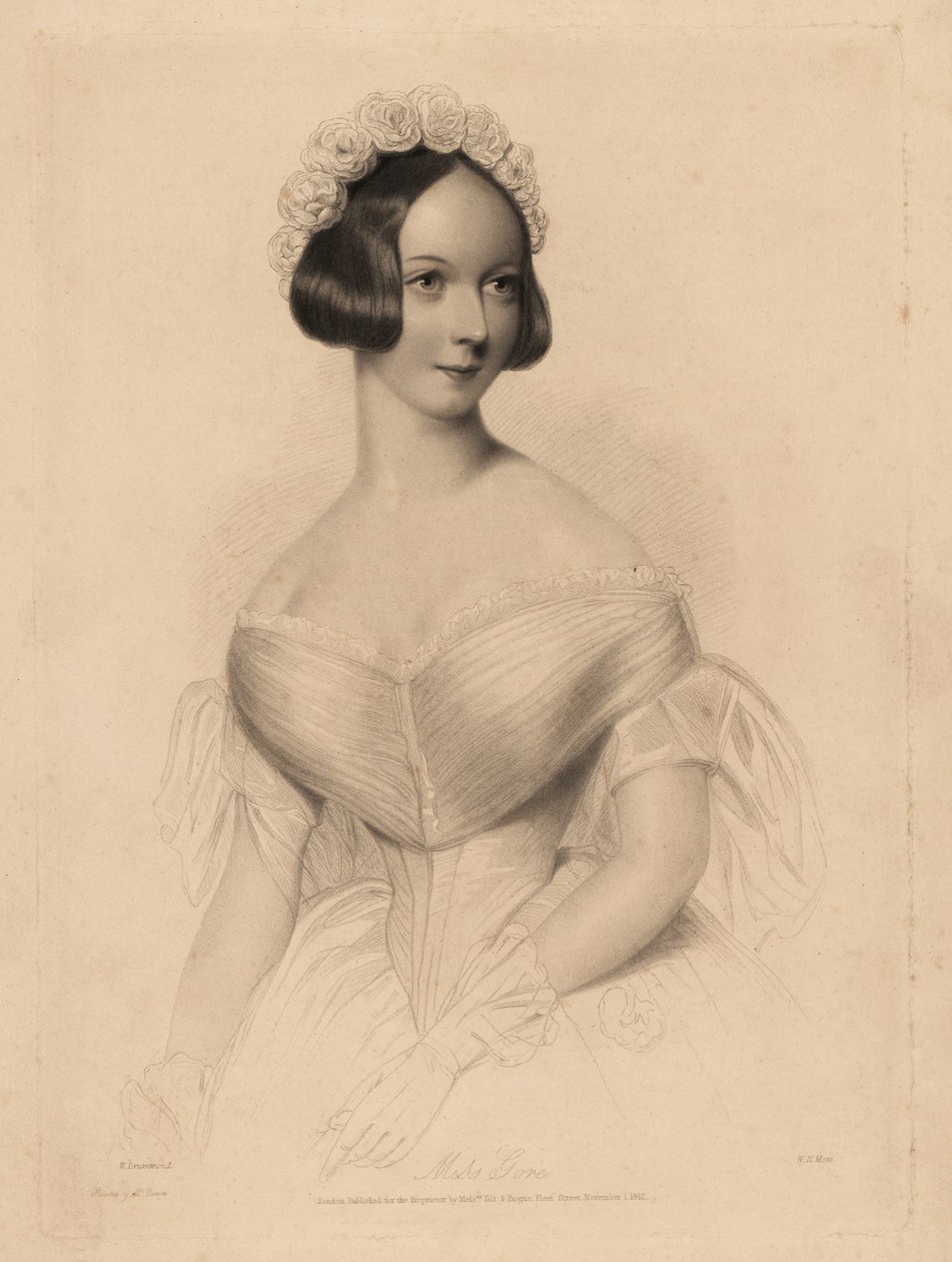 Miss Gore. In off-the-shoulder dress with tight waist, hair decorated with a garland of roses. Steel stipple engraving by William Henry Mote after an illustration by William Drummond from Charles Heath’s English Pearls, or Portraits for the Boudoir by William Henry Mote