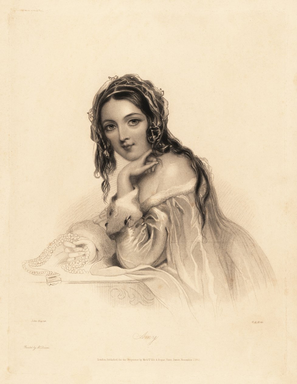 Portrait of Amy. Beauty wearing a veil over long hair, ermine-trim off-the-shoulder dress, holding a pearl necklace. Steel stipple engraving by William Henry Mote after an illustration by John Hayter from Charles Heath’s English Pearls, or Portraits for th by William Henry Mote