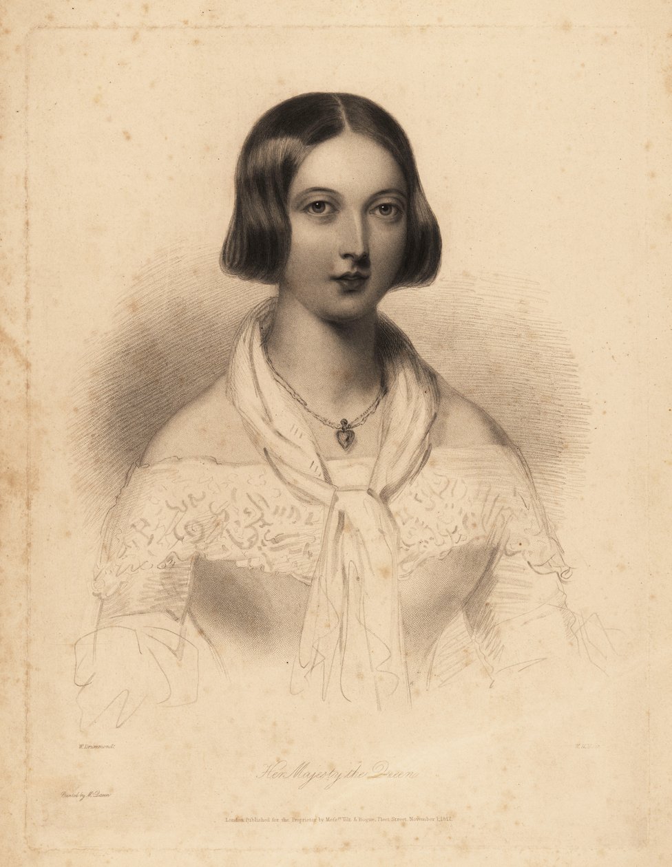 Young Queen Victoria, early 20s. Steel stipple engraving by William Henry Mote after an illustration by William Drummond from Charles Heath’s English Pearls, or Portraits for the Boudoir, Tilt and Bogue, London by William Henry Mote