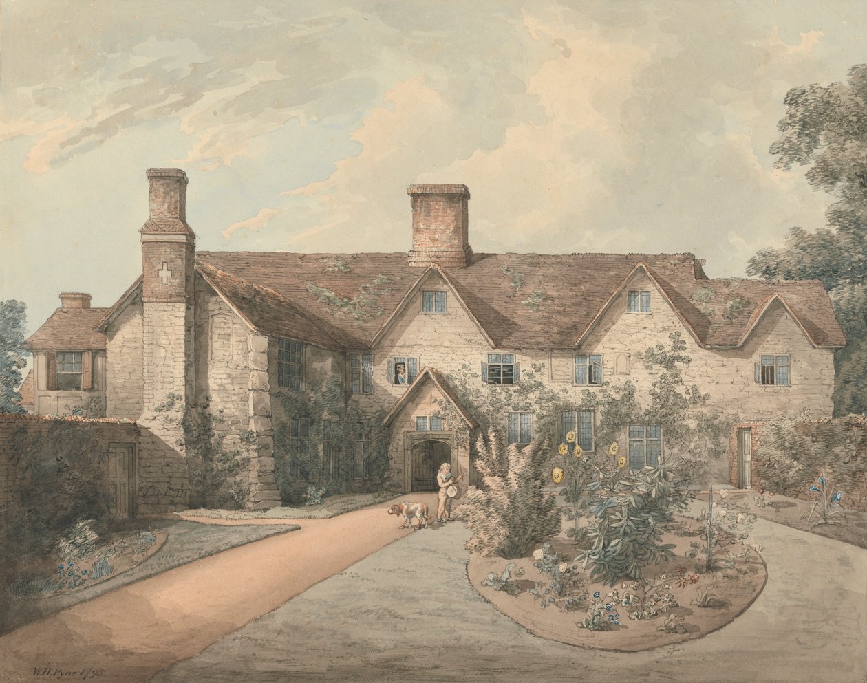 A Boy Playing a Drum in the Garden of a Country House by William Henry Pyne