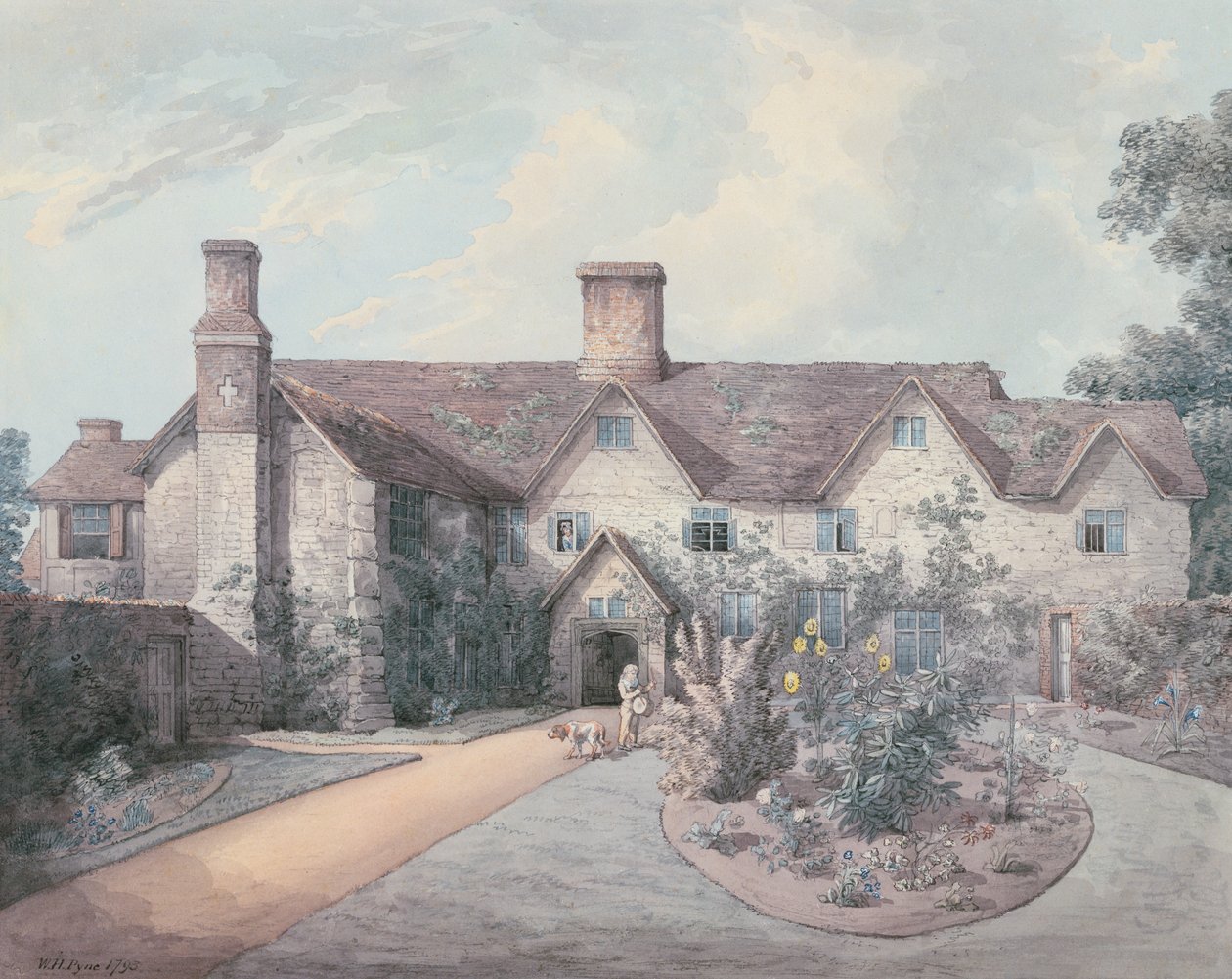 A Boy playing a drum in the garden of a Country House by William Henry Pyne