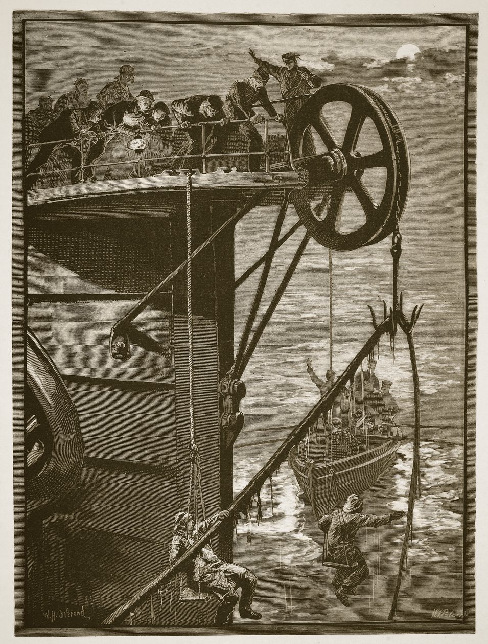 Modern Science: Picking up a telegraph cable at sea, engraved by W.J. Palmer by William Heysham Overend