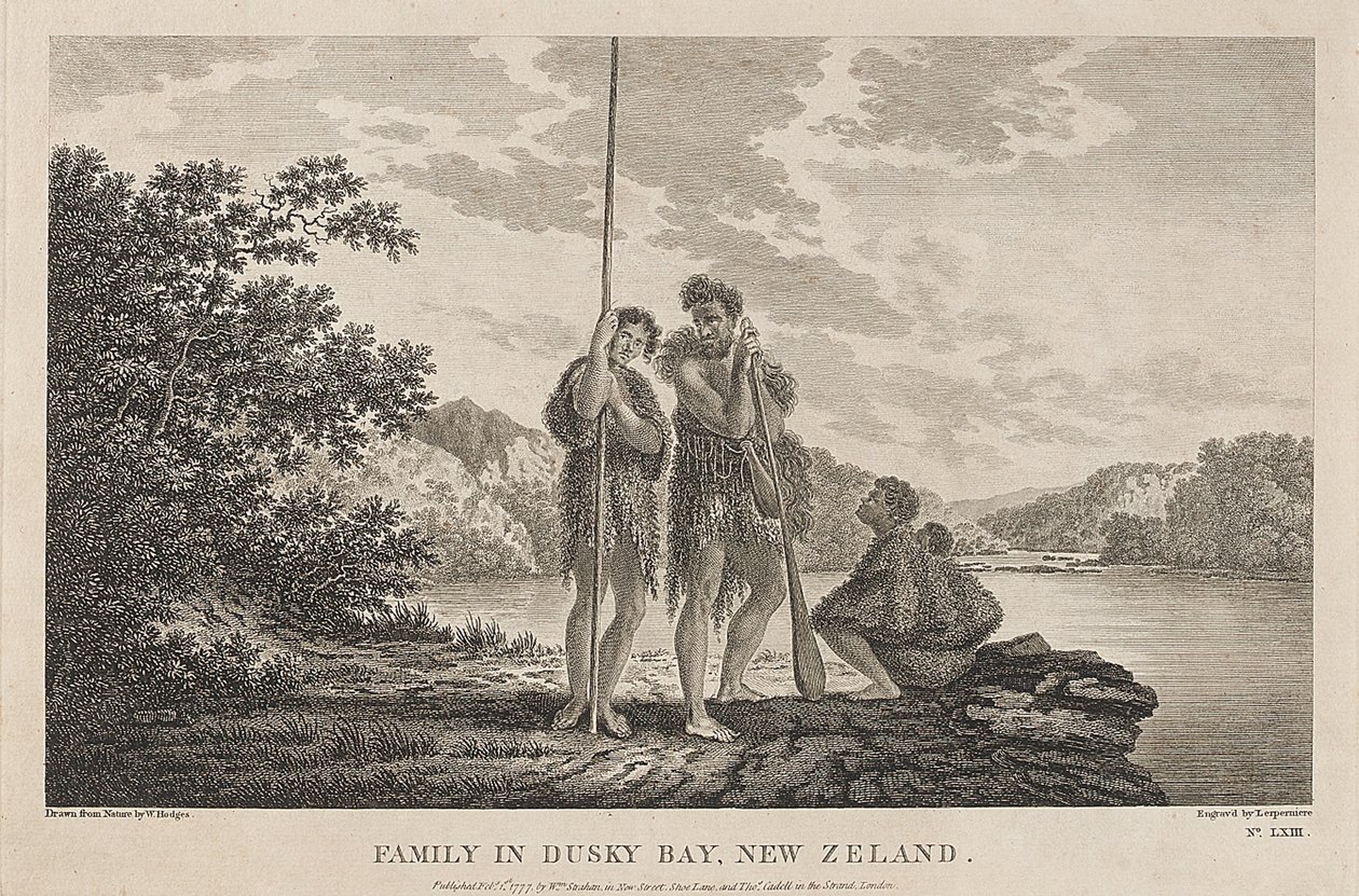 View of the Bay of Islands, with a Maori family. Engraving from a drawing by William Hodges, around 1785 by William Hodges