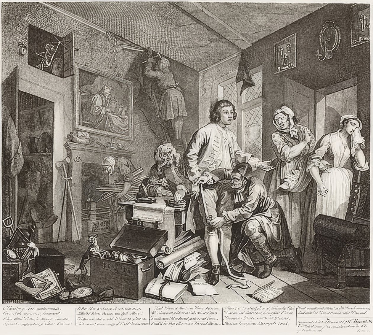 A Rake's Progress, Plate 1: The Rake Taking Possession of his Estate. 1735