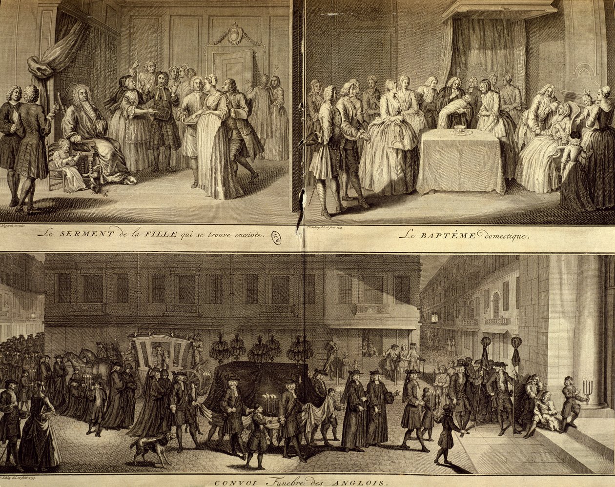 Judgment of young pregnant woman, baptism and funeral by William Hogarth