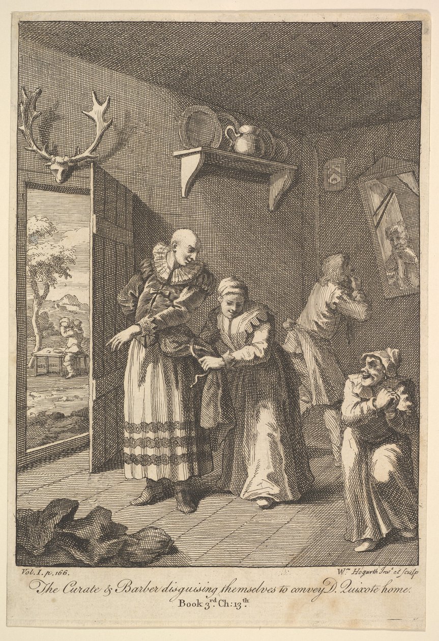 The Curate and the Barber Disguising Themselves to convey Don Quixote Home Six I..., 1756 or after by William Hogarth