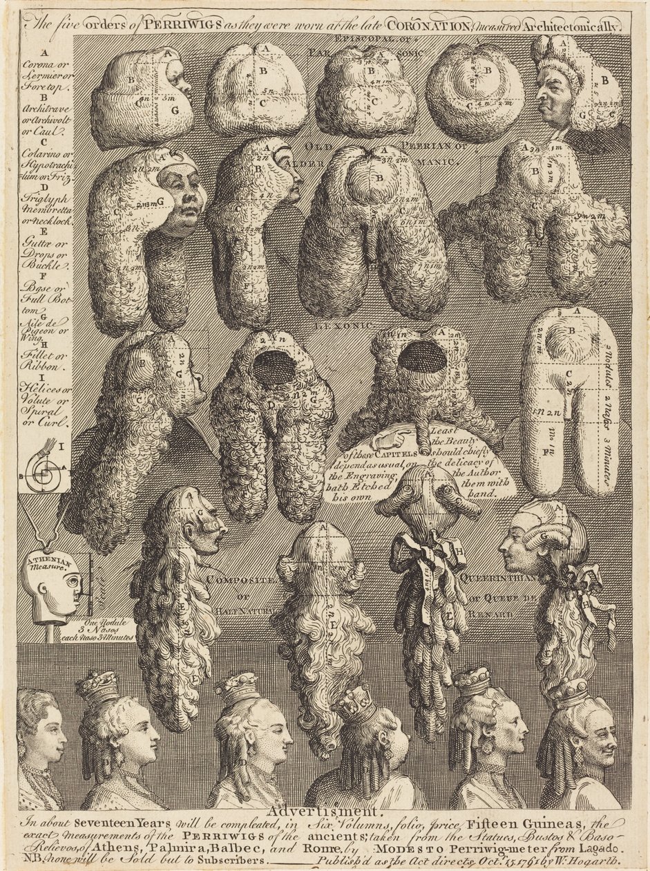 The Five Orders of Perriwigs as They Were Worn at the Late Coronation, Measured Architectonically by William Hogarth