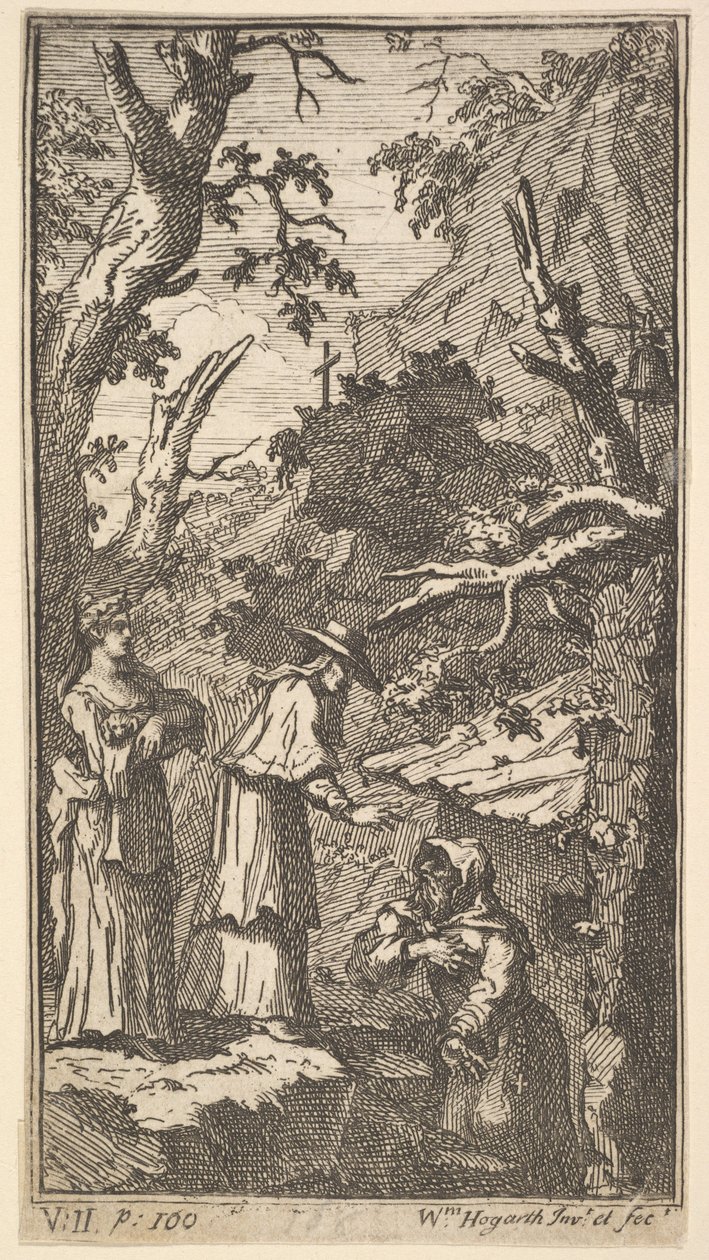 The New Metamorphosis, Plate 7: The Cardinal, a Hermit and Donna Angela Holding Fantasio, 1724 by William Hogarth