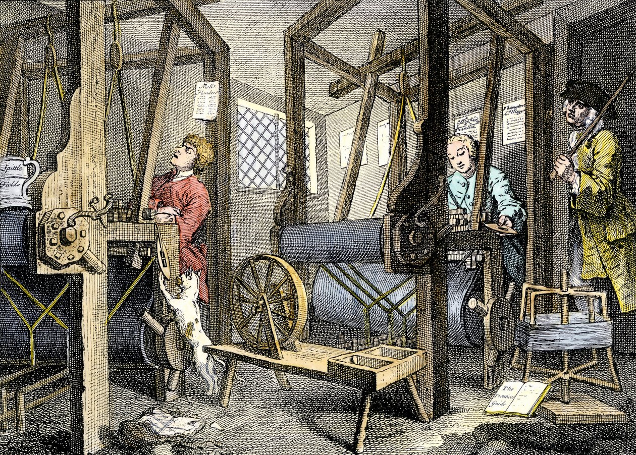 Workshop and Worker with Weaving Material in Spitalfields, England by William Hogarth