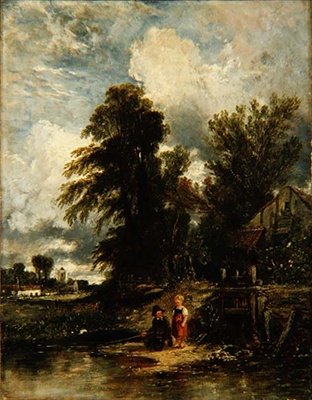 Millpond with children fishing by William James Muller