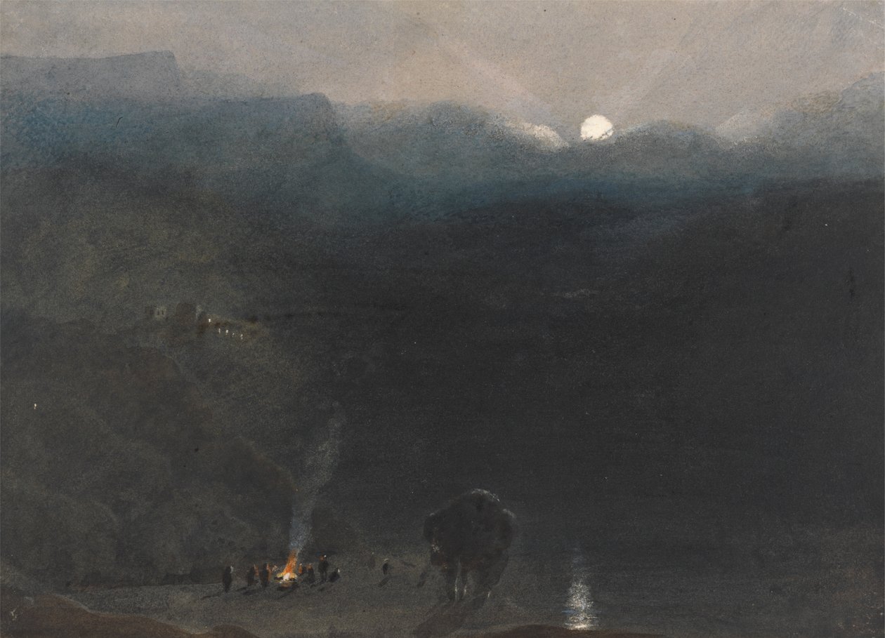 Mauritius - Moonlight, with Charcoal Burners Fire in the Black River Gorge by William John Chamberlayne