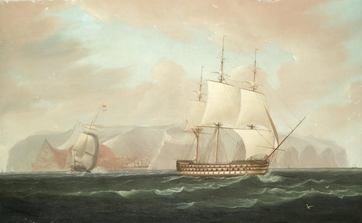 A three-decked ship-of-the-line bearing away from Jamestown, St. Helena, with her escorting frigate firing a farewell salute by William John Huggins