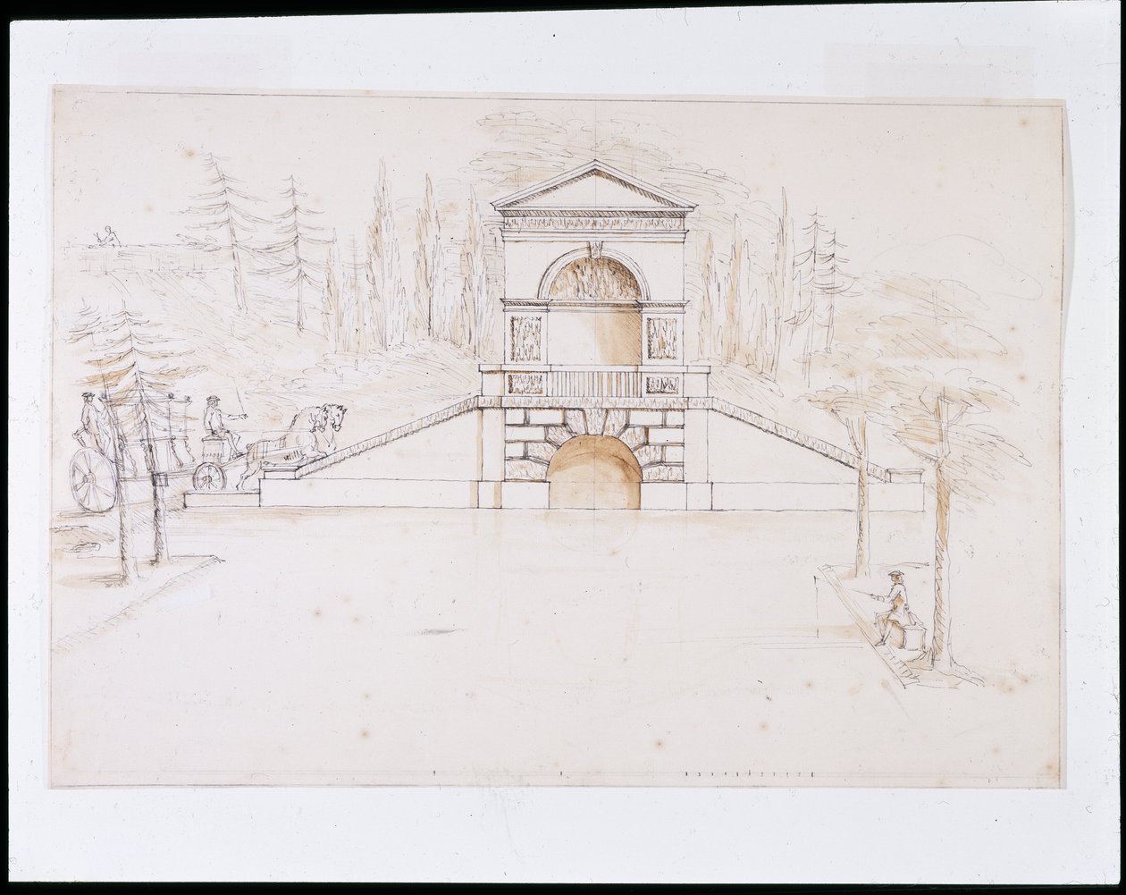 Chiswick, design for a pedimented cascade combined with a road bridge at the end of the canal by William Kent