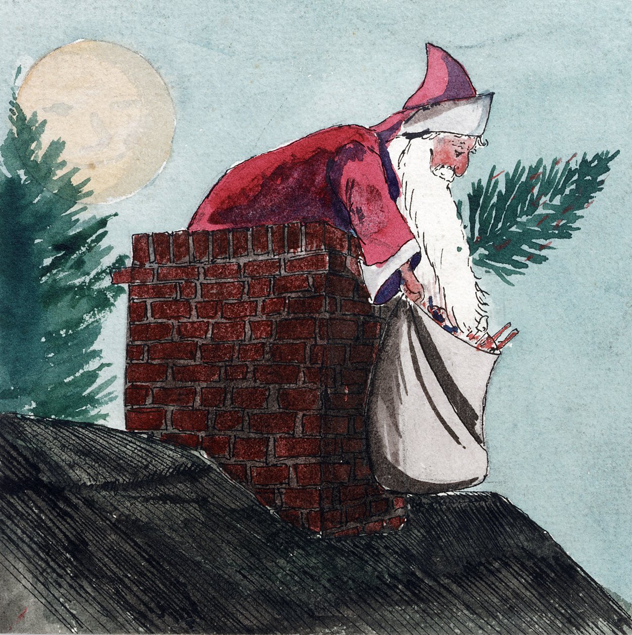 Santa Claus, coming down through a chimney, pulling a bag full of toys and a Christmas tree. Watercolor, early 20th century, by William Lionel Wyllie by William Lionel Wyllie