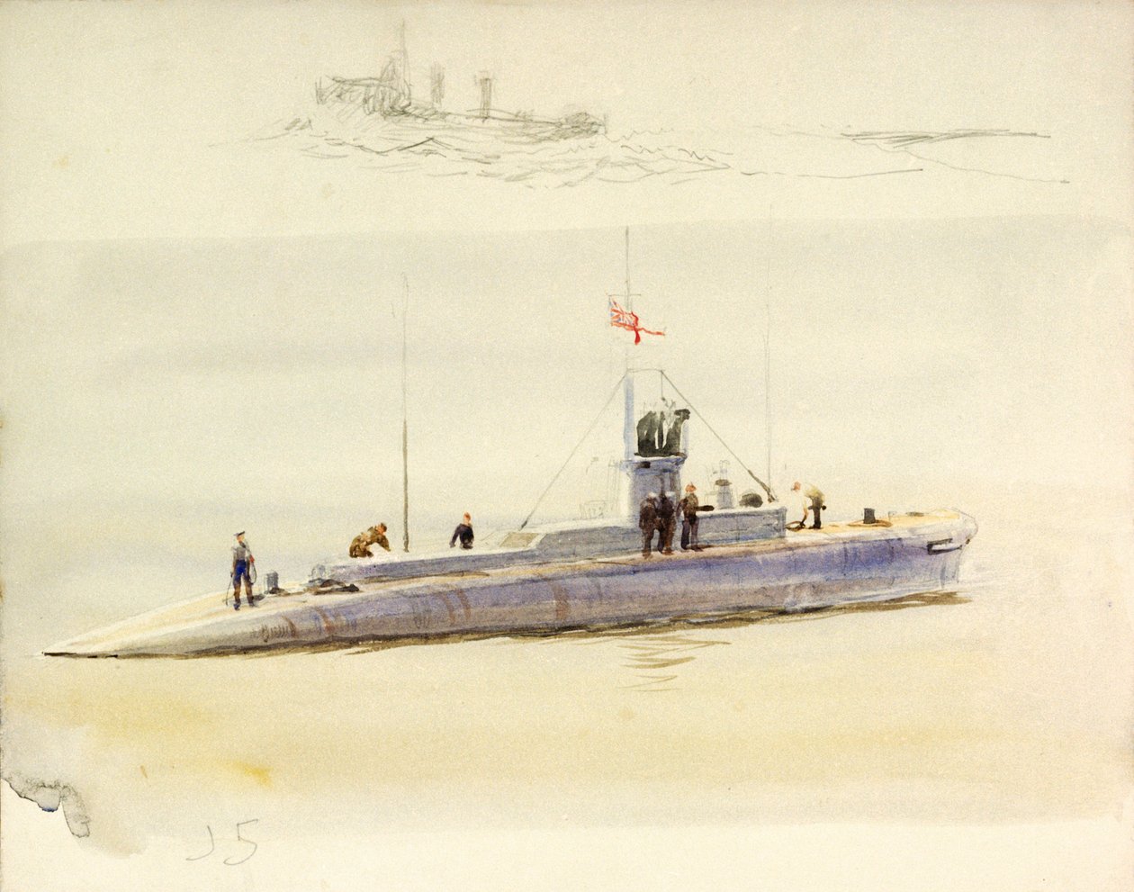 Submarine J.5 and Rough Sketch of Another Fighting Vessel by William Lionel Wyllie
